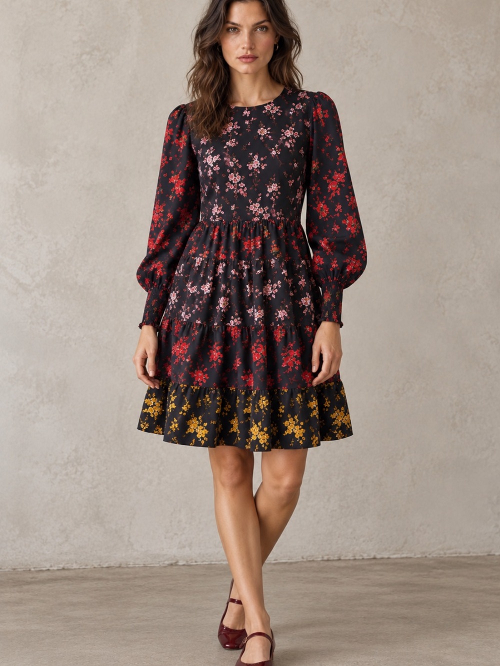 Boden Lyla Tiered Floral Mini Dress Size 10 Black Cotton Puff Sleeve